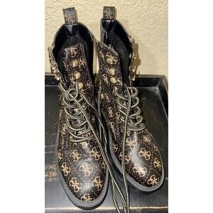 Guess Boots Womens Size 7.5 Black Gold Platform Gothic Leather Y2K Lace Up Zip